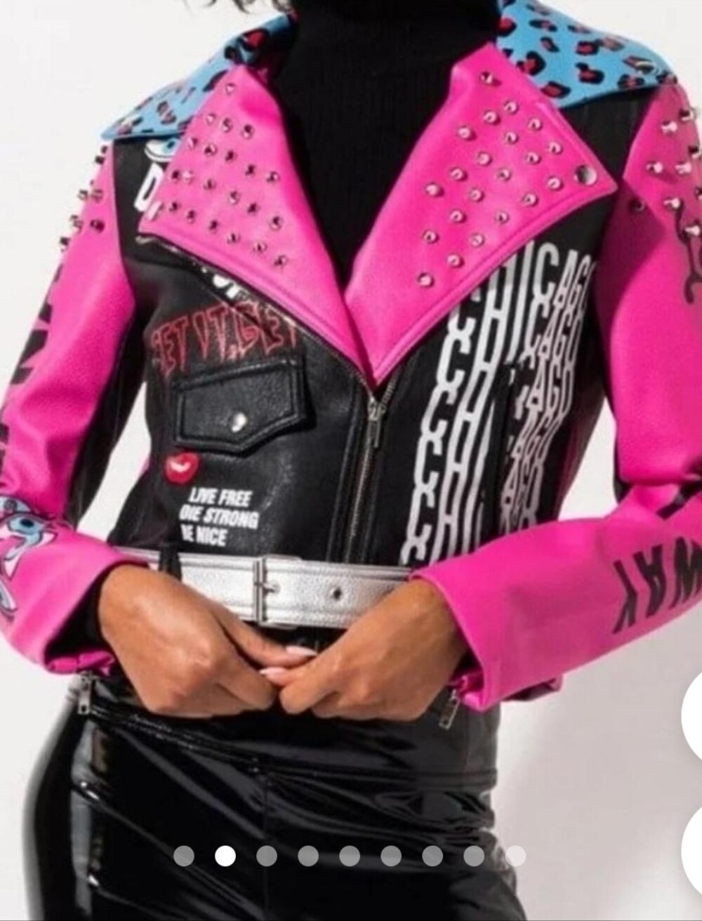 Azalea Wang pink and black  faux leather studded graffiti moto jacket.